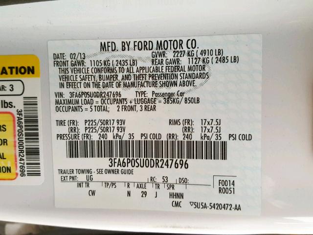 3FA6P0SU0DR247696 - 2013 FORD FUSION TIT WHITE photo 10