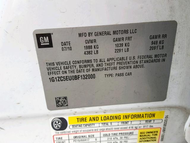 1G1ZC5EU0BF132000 - 2011 CHEVROLET MALIBU 1LT WHITE photo 10