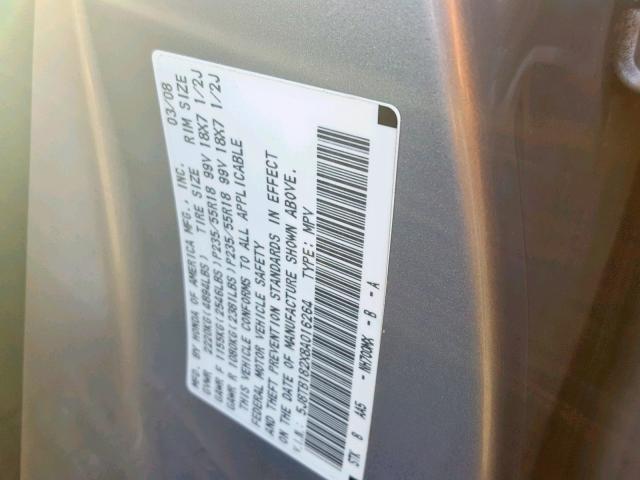 5J8TB182X8A016264 - 2008 ACURA RDX GRAY photo 10