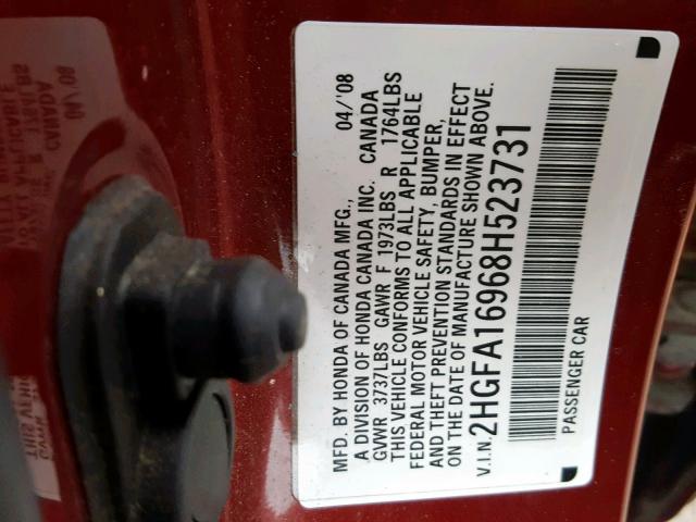 2HGFA16968H523731 - 2008 HONDA CIVIC EXL RED photo 10