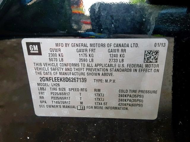 2GNFLEEK8D6267139 - 2013 CHEVROLET EQUINOX LT BLACK photo 10