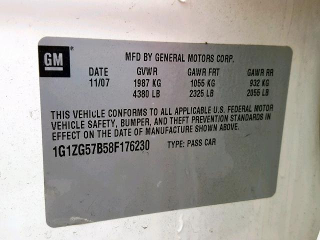 1G1ZG57B58F176230 - 2008 CHEVROLET MALIBU LS თეთრი ფოტო 10