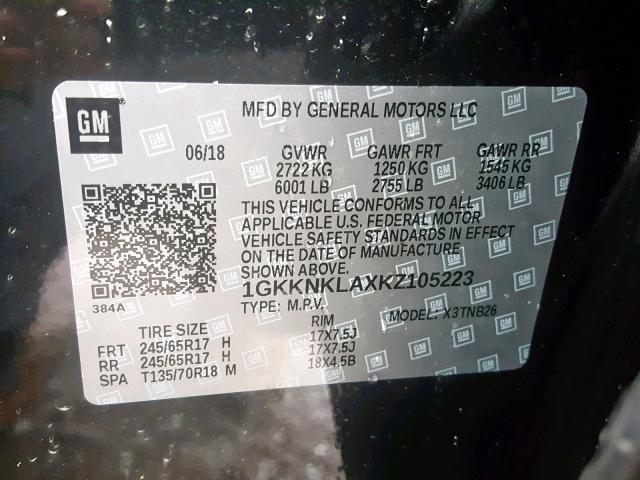 1GKKNKLAXKZ105223 - 2019 GMC ACADIA SLE BLACK photo 10