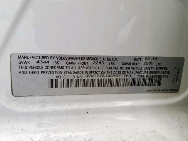 3VWTZ7AJ4AM671783 - 2010 VOLKSWAGEN JETTA SE 白色 照片 10