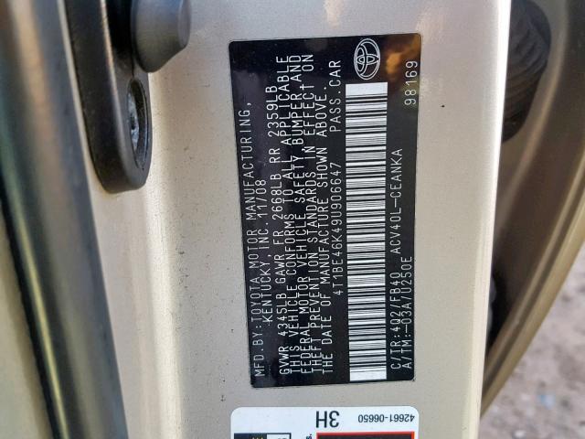 4T1BE46K49U906647 - 2009 TOYOTA CAMRY BASE TAN photo 10