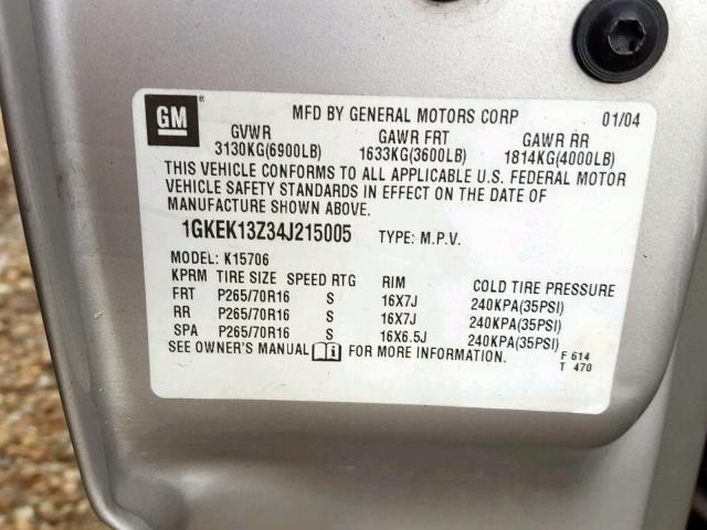 1GKEK13Z34J215005 - 2004 GMC YUKON GRAY photo 10