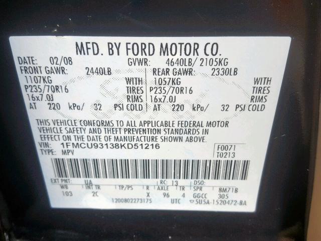 1FMCU93138KD51216 - 2008 FORD ESCAPE XLT Qara foto 10