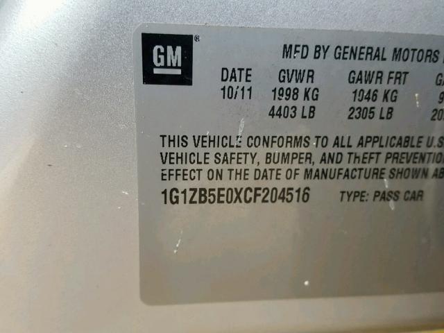 1G1ZB5E0XCF204516 - 2012 CHEVROLET MALIBU LS SILVER photo 10