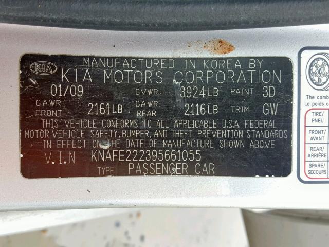 KNAFE222395661055 - 2009 KIA SPECTRA EX ვერცხლისფერი ფოტო 10