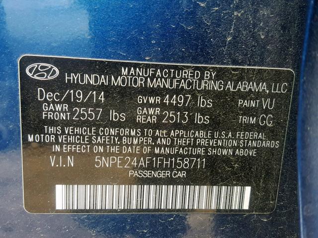 5NPE24AF1FH158711 - 2015 HYUNDAI SONATA SE BLUE photo 10