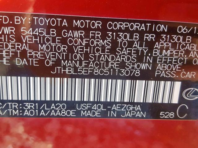 JTHBL5EF8C5113078 - 2012 LEXUS LS 460 BURGUNDY photo 10