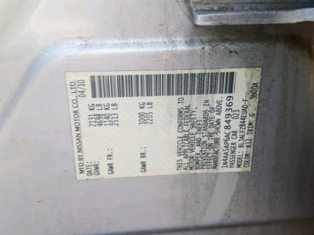 1N4AA5AP6AC849369 - 2010 NISSAN MAXIMA S GRAY photo 10