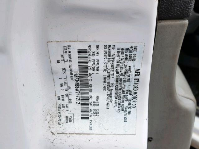 1FAFP34N86W247212 - 2006 FORD FOCUS ZX4 WHITE photo 10