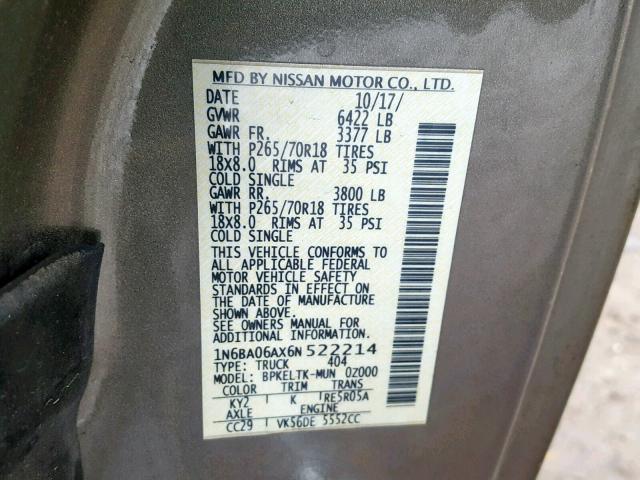 1N6BA06AX6N522214 - 2006 NISSAN TITAN XE TAN photo 10