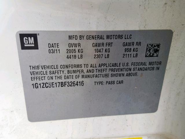 1G1ZC5E17BF326416 - 2011 CHEVROLET MALIBU 1LT 白色 照片 10