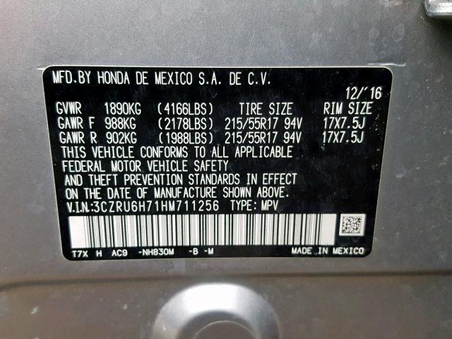 3CZRU6H71HM711256 - 2017 HONDA HR-V EXL SILVER photo 10