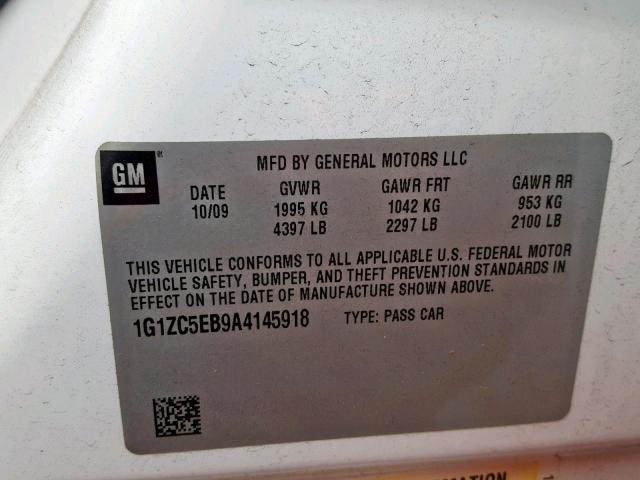 1G1ZC5EB9A4145918 - 2010 CHEVROLET MALIBU 1LT WHITE photo 10