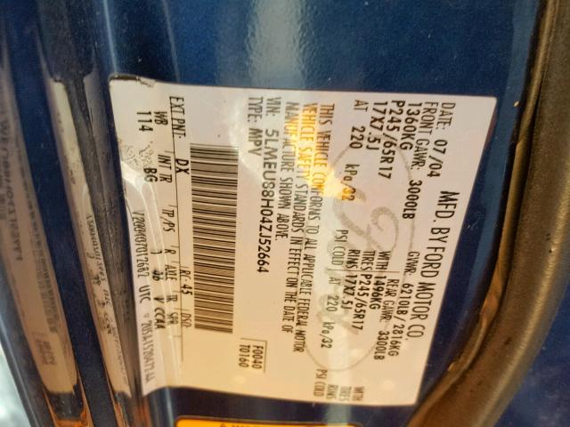 5LMEU88H04ZJ52664 - 2004 LINCOLN AVIATOR 蓝色 照片 10