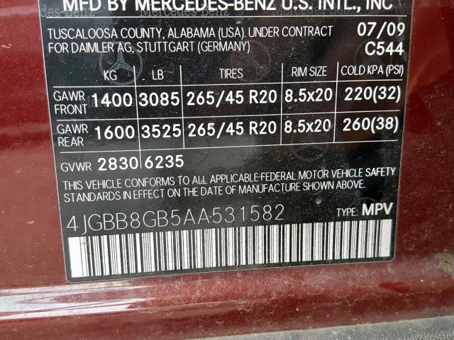 4JGBB8GB5AA531582 - 2010 MERCEDES-BENZ ML 350 4MA RED photo 10