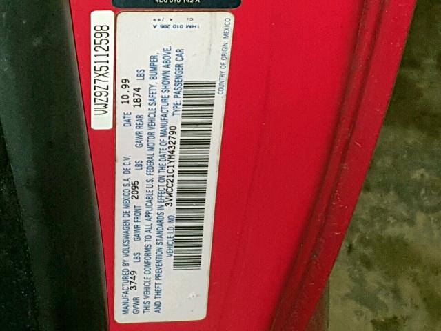 3VWCC21C1YM432790 - 2000 VOLKSWAGEN NEW BEETLE 红色 照片 10