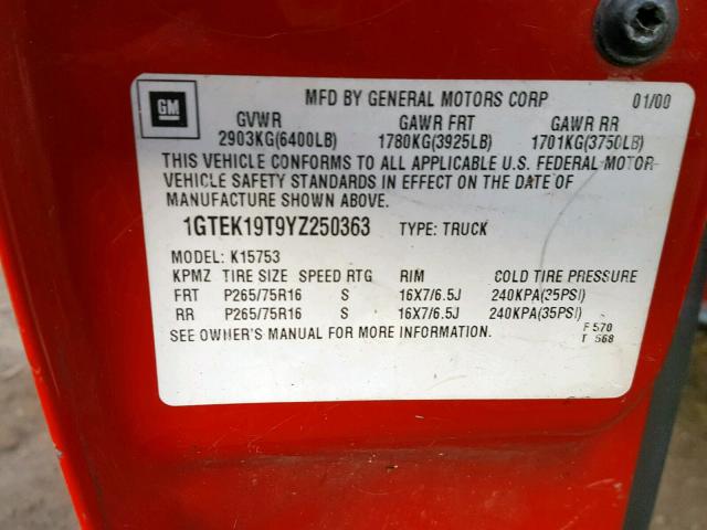 1GTEK19T9YZ250363 - 2000 GMC NEW SIERRA RED photo 10