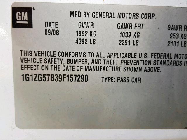 1G1ZG57B39F157290 - 2009 CHEVROLET MALIBU LS WHITE photo 10