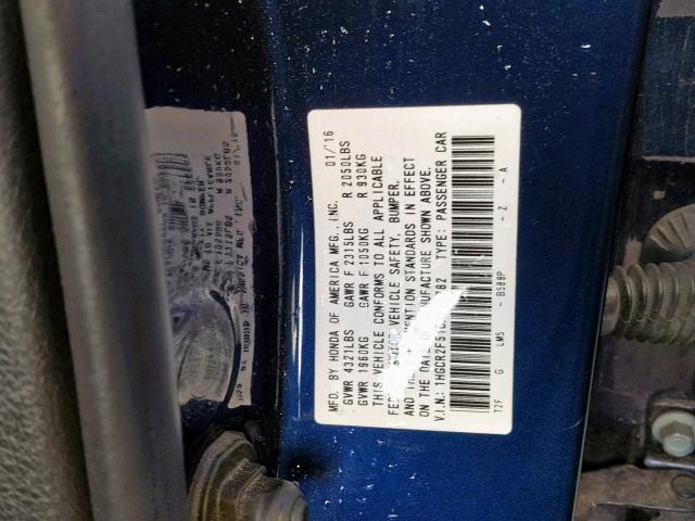 1HGCR2F51GA123782 - 2016 HONDA ACCORD SPO BLUE photo 10