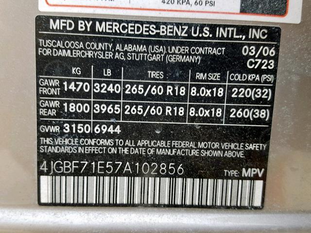 4JGBF71E57A102856 - 2007 MERCEDES-BENZ GL 450 4MA SILVER photo 10