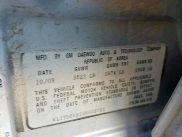 KL1TD56E19B608782 - 2009 CHEVROLET AVEO LS SILVER photo 10