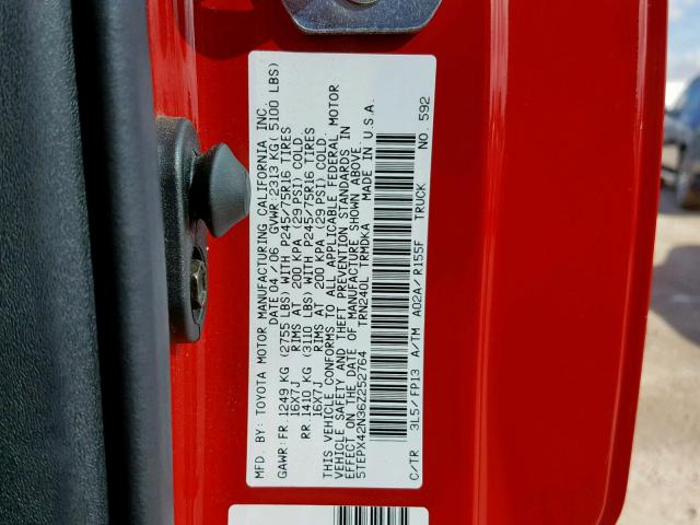 5TEPX42N36Z252764 - 2006 TOYOTA TACOMA RED photo 10