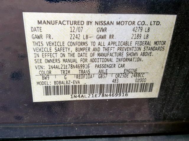 1N4AL21E78N469916 - 2008 NISSAN ALTIMA 2.5 BLUE photo 10