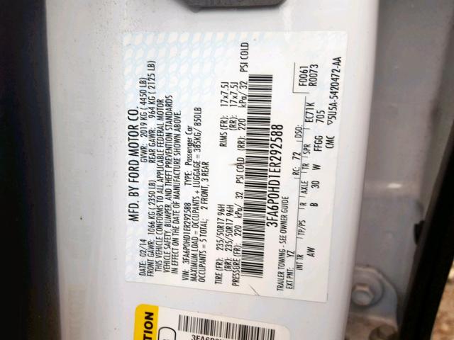 3FA6P0HD1ER292588 - 2014 FORD FUSION SE WHITE photo 10