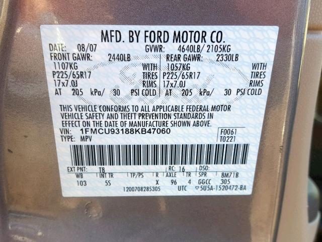 1FMCU93188KB47060 - 2008 FORD ESCAPE XLT GRAY photo 10