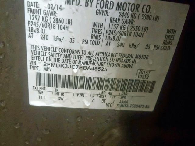 2FMDK3JC7EBA45525 - 2014 FORD EDGE SEL BROWN photo 10