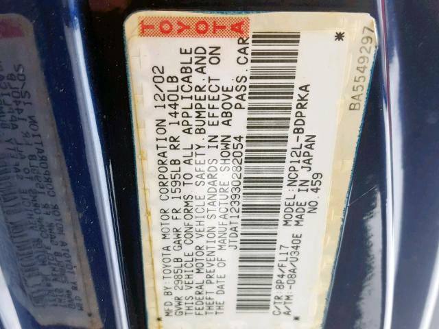 JTDAT123930282054 - 2003 TOYOTA ECHO BLUE photo 10