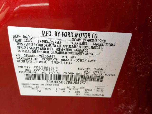 2FMHK6DC2BBD06957 - 2011 FORD FLEX LIMIT RED photo 10