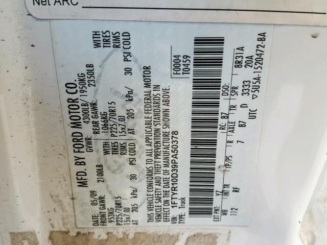 1FTYR10D39PA50378 - 2009 FORD RANGER WHITE photo 10