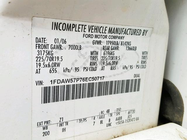 1FDAW57P76EC50717 - 2006 FORD F550 SUPER WHITE photo 10