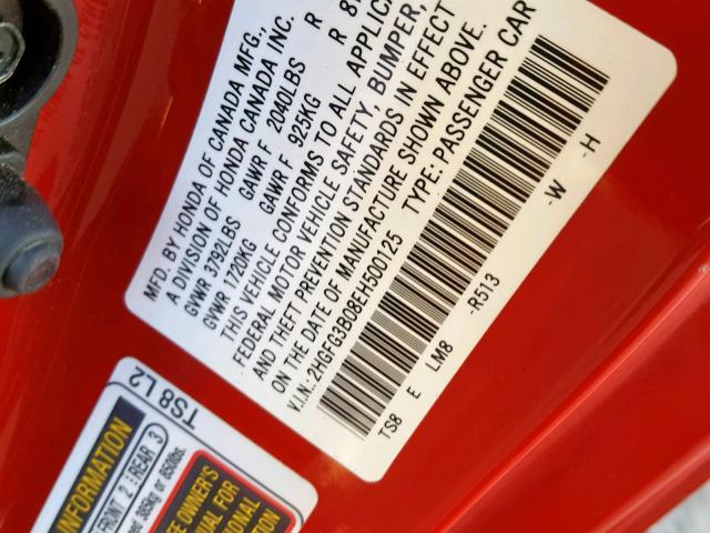 2HGFG3B08EH500125 - 2014 HONDA CIVIC EXL RED photo 10