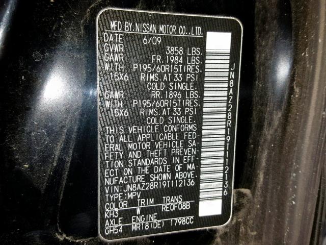 JN8AZ28R19T112136 - 2009 NISSAN CUBE BASE BLACK photo 10