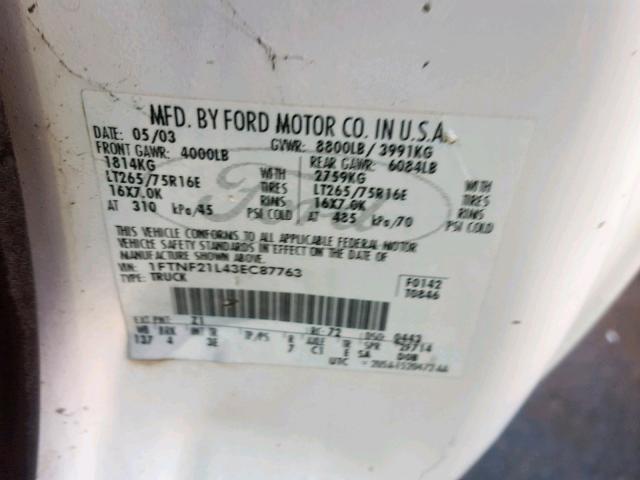 1FTNF21L43EC87763 - 2003 FORD F250 SUPER WHITE photo 10