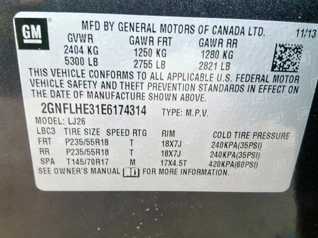 2GNFLHE31E6174314 - 2014 CHEVROLET EQUINOX LT BLACK photo 10