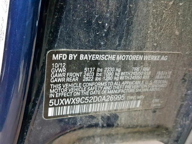 5UXWX9C52D0A26995 - 2013 BMW X3 XDRIVE2 BLUE photo 10