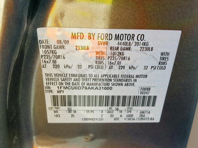 1FMCU0D79AKA31600 - 2010 FORD ESCAPE XLT GRAY photo 10