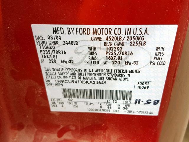 1FMCU941X5KA24645 - 2005 FORD ESCAPE LIM RED photo 10