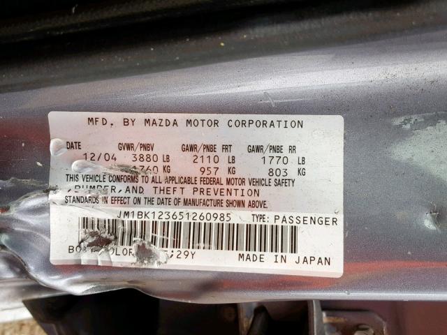 JM1BK123651260985 - 2005 MAZDA 3 S GRAY photo 10