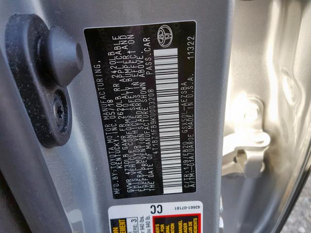 4T1BZ1FB9KU003208 - 2019 TOYOTA AVALON XLE SILVER photo 10