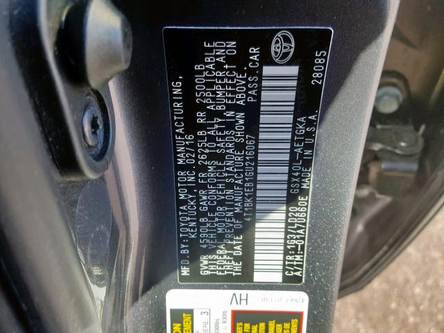 4T1BK1EB1GU216067 - 2016 TOYOTA AVALON XLE 灰色 照片 10