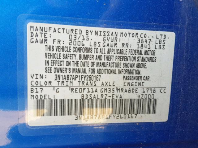 3N1AB7AP1FY260167 - 2015 NISSAN SENTRA S 蓝色 照片 10