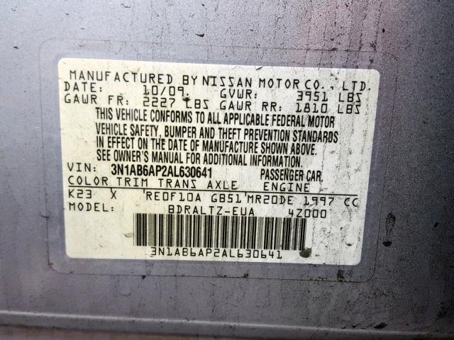 3N1AB6AP2AL630641 - 2010 NISSAN SENTRA 2.0 SILVER photo 10